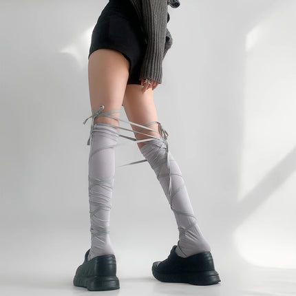 Chaussettes couvre-jambes punk pour femmes avec cravate au mollet Chaussettes à sangle au mollet de danse de ballet Chaussettes fines Y2K Chaussettes cosplay Lolita gothique japonais JK Club