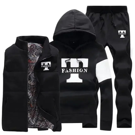 3 Pieces Set Hoodies+Vest+Pants Casual Men's Track Suit Clothing Coats Winter Thick Warm Tracksuit for Men Printed Mens Set Vest
