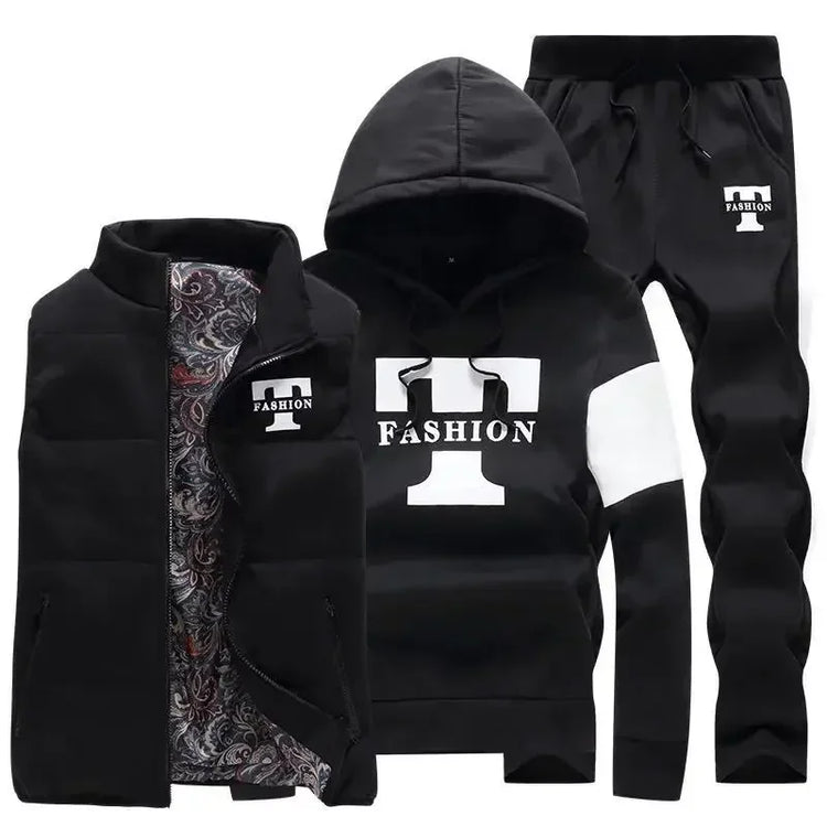 3 Pieces Set Hoodies+Vest+Pants Casual Men's Track Suit Clothing Coats Winter Thick Warm Tracksuit for Men Printed Mens Set Vest