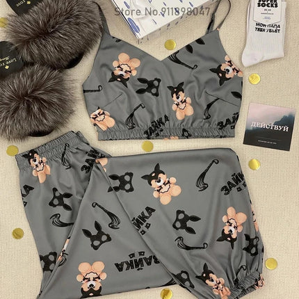 Pigiama da donna in raso di seta Set scollo a v senza maniche Top Sleepwear indumenti da notte pigiama con stampa lavanda Sexy abbigliamento per la casa abbigliamento da casa