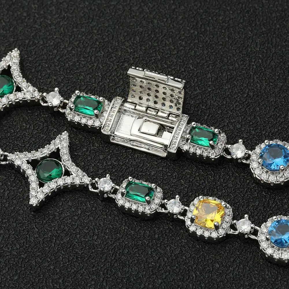 Gioielli Hip Hop Moda Zircone colorato Collana ghiacciata Bracciale a catena con pietre preziose in cristallo placcato oro bianco