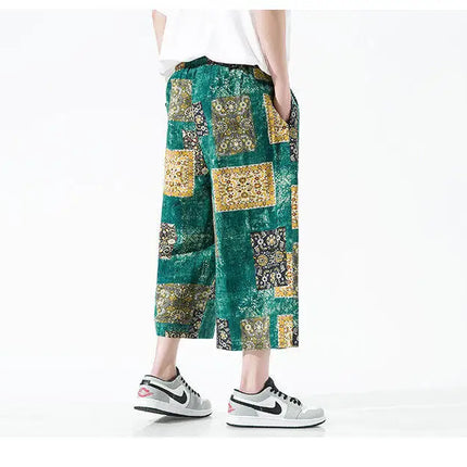 Pantaloncini da uomo estivi Stampa Pantaloni da spiaggia traspiranti a gamba larga Pantaloni larghi casual alla moda Vita elastica Comodi pantaloni al polpaccio da uomo