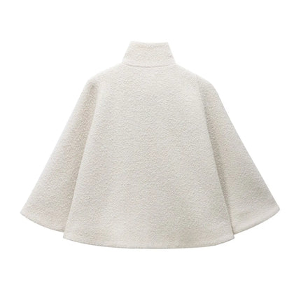 HH Women's 2025 New Solid Wool Blended Stand Collar Concealed Button Cape Jacket Female Fashion Versatile Temperament Jacket