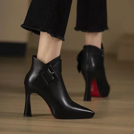 Women's Elegant High Heels Ankle Boots 2025 Spring Belt Buckle Pu Leather Short Boots Woman Plus Size 43 Thin Heeled Party Shoes
