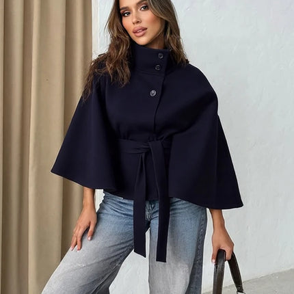 Faux Fur Cloak Jackets Women Loose Standneck Three Button Wide Sleeves Belt Coats Female 2026 Autumn Solid Chic Fashion Outwears