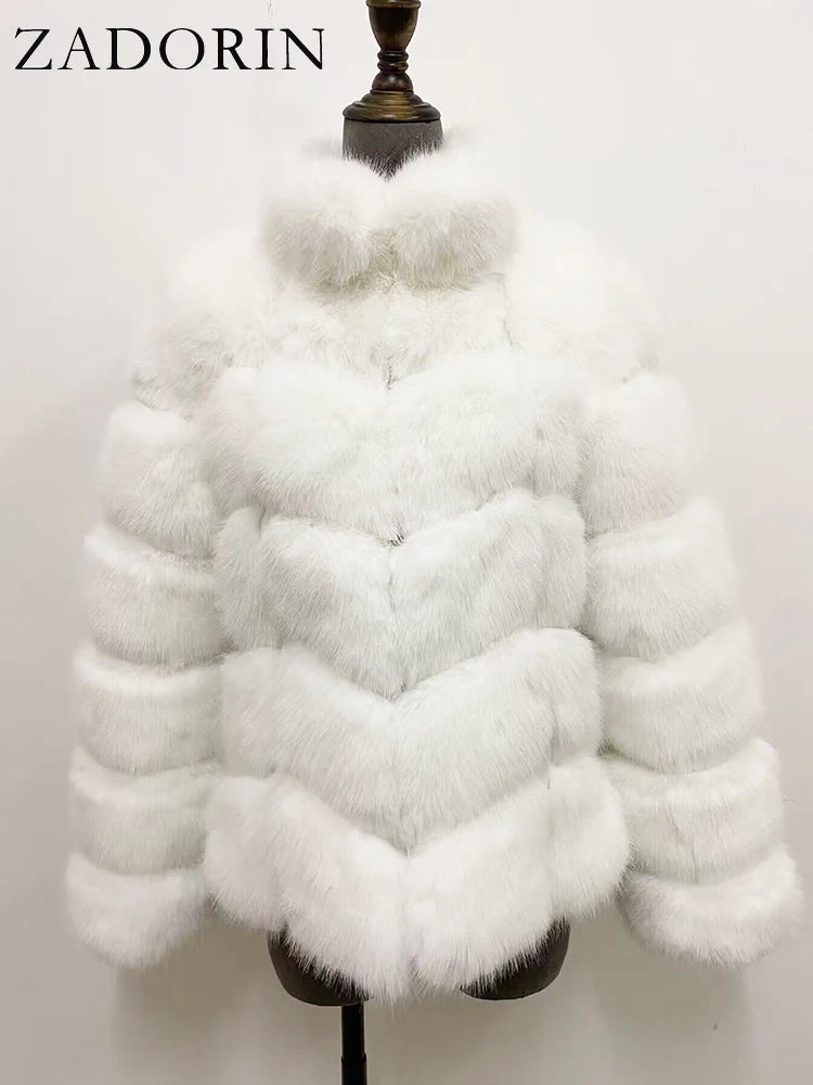 ZADORIN Winter Clothes For Women Stand Collar Splicing Long Sleeve Faux Fur Coat Women Black White Fluffy Jacket Faux Fur Coats