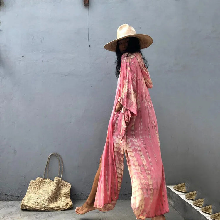 Costume da bagno donna copricostume lungo Kimono da spiaggia orlo curvo allentato aperto davanti Tie Dye abbigliamento da spiaggia platinumshop