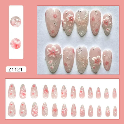 24pcs Pink Flower Almond Press on Nails Kawaii False Nails Wearable Stick-on Nails Fake Nail Uñas Postizas Накладные Ногти 네일팁2028