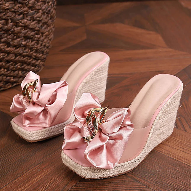 Liyke New Wedge Slippers For Women 2026 Summer Fashion Pink Butterfly-knot Designer Platform Sandals Heels Size 46 Female Shoes