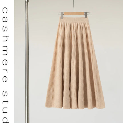 Women Cashmere Skirt A-Line Jacquard Elastic Waist Flared Skirt Autumn Winter 100% Cashmere Knitted Office Lady Curled Hem Dress PlatiNum