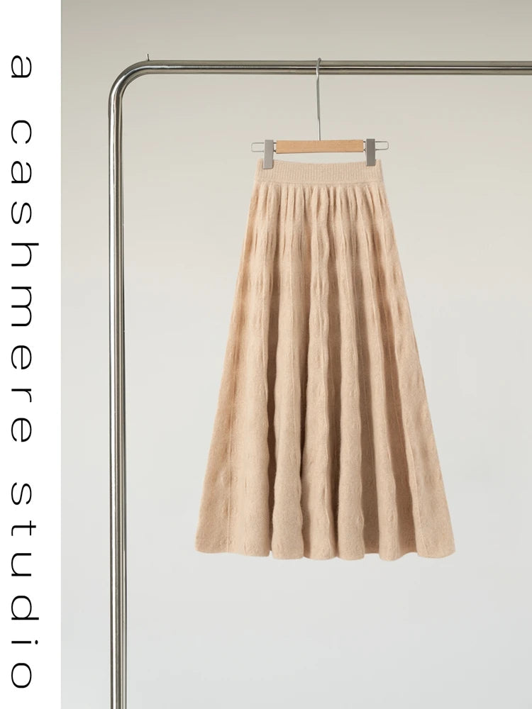 Women Cashmere Skirt A-Line Jacquard Elastic Waist Flared Skirt Autumn Winter 100% Cashmere Knitted Office Lady Curled Hem Dress PlatiNum