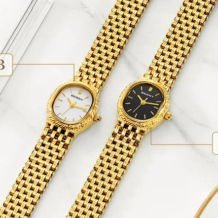 BERNY Orologio al quarzo da donna Cinturino in acciaio inossidabile dorato Orologio da polso ellittico di lusso Orologio da donna semplice retrò impermeabile platinumshop