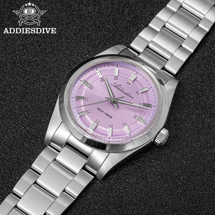 ADDIESDIVE New Men Watch Purple VH31 Quartz Wristwatch Diving 100m Waterproof BWG9 Luminous  316L Stainless Steel 36mm Watches