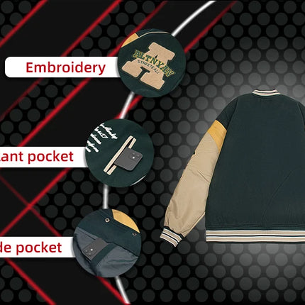 Men's Casual Varsity Jacket Motorcycle Bomber Coat Vintage Letterman Baseball Streetwear Outerwear with Faux Leather Sleeves