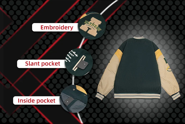 Men's Casual Varsity Jacket Motorcycle Bomber Coat Vintage Letterman Baseball Streetwear Outerwear with Faux Leather Sleeves