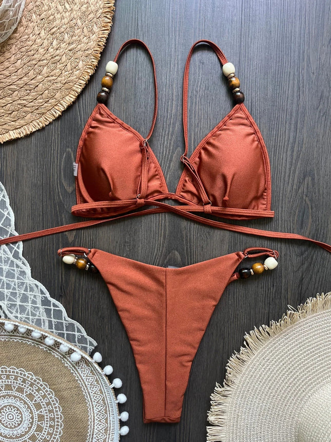 Sexy marrone bikini set 2026 donne perle cinturino foro fuori reggiseno push up perizoma costume da bagno brasiliano spiaggia costume da bagno micro costumi da bagno platinumshop