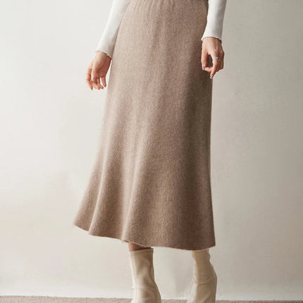 Autumn Winter Women New 100% Cashmere Fishtail Skirt  Mid Length Slimming High Waisted Knitted Umbrella Skirt Elegant Dress PlatiNum