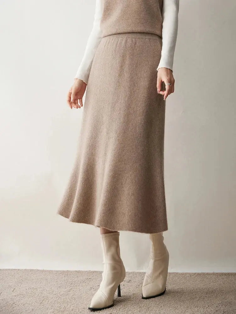 Autumn Winter Women New 100% Cashmere Fishtail Skirt  Mid Length Slimming High Waisted Knitted Umbrella Skirt Elegant Dress PlatiNum