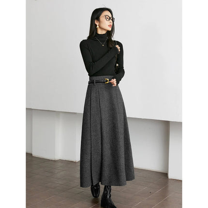 VIMLY Elegant Wool Blend Pleated Maxi Skirt for Women 2025 Winter High Waist Stereo Heavy Duty Skirt Office Lady Clothes M9173 PlatiNum