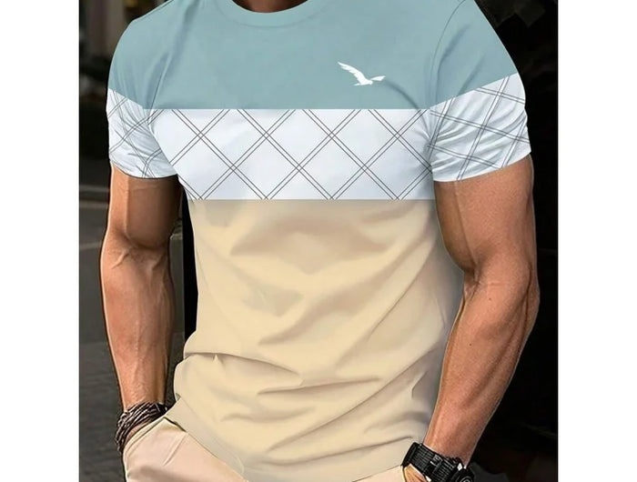 T-shirt con giunture geometriche stampate in 3D per uomo T-shirt con motivo a strisce colorate T-shirt casual estive con o-collo maniche corte larghe