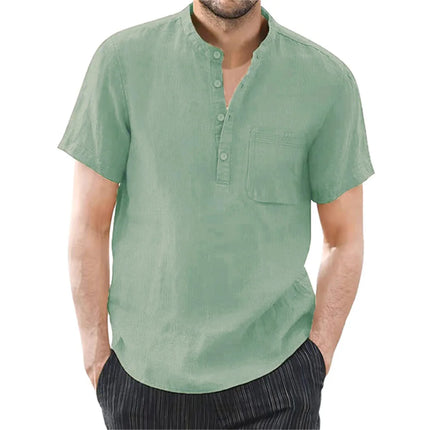 Men's Short Sleeve Cotton Linen T-shirt Casual Solid Color Men's Summer Shirt Cozy and Breathable
