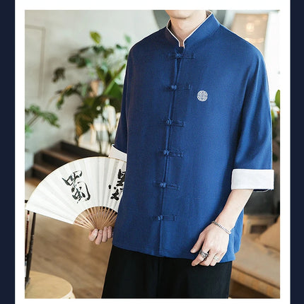 Camicia stile cinese da uomo Tang Suit Lino Kung Fu Cardigan maschile allentato Top Ricamo retrò Camicie kimono samurai giapponesi Streetwear