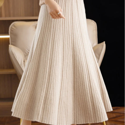 Elegant Women's Pleated Skirt 100% Merino Wool Skirt A-Line Long Skirt Soft Warm Autumn Winter Dress Slim Elastic Waist Office PlatiNum