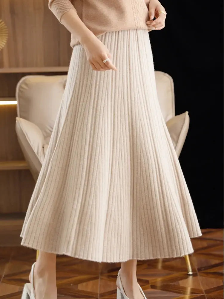 Elegant Women's Pleated Skirt 100% Merino Wool Skirt A-Line Long Skirt Soft Warm Autumn Winter Dress Slim Elastic Waist Office PlatiNum