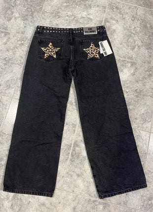 Y2k One Dilemma Pantaloni in denim Stampa leopardata Stella Jeans a gamba larga Streetwear Jeans larghi a vita alta Harajuku Abbigliamento donna gotico