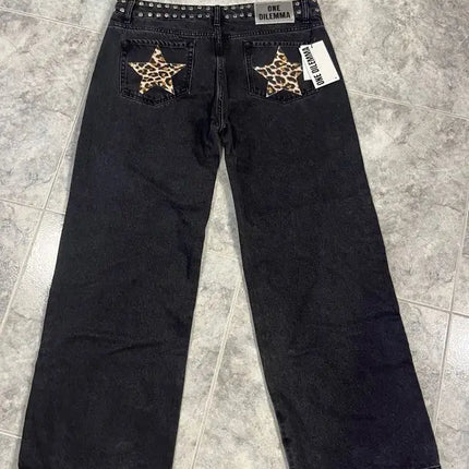 Y2k One Dilemma Pantaloni in denim Stampa leopardata Stella Jeans a gamba larga Streetwear Jeans larghi a vita alta Harajuku Abbigliamento donna gotico