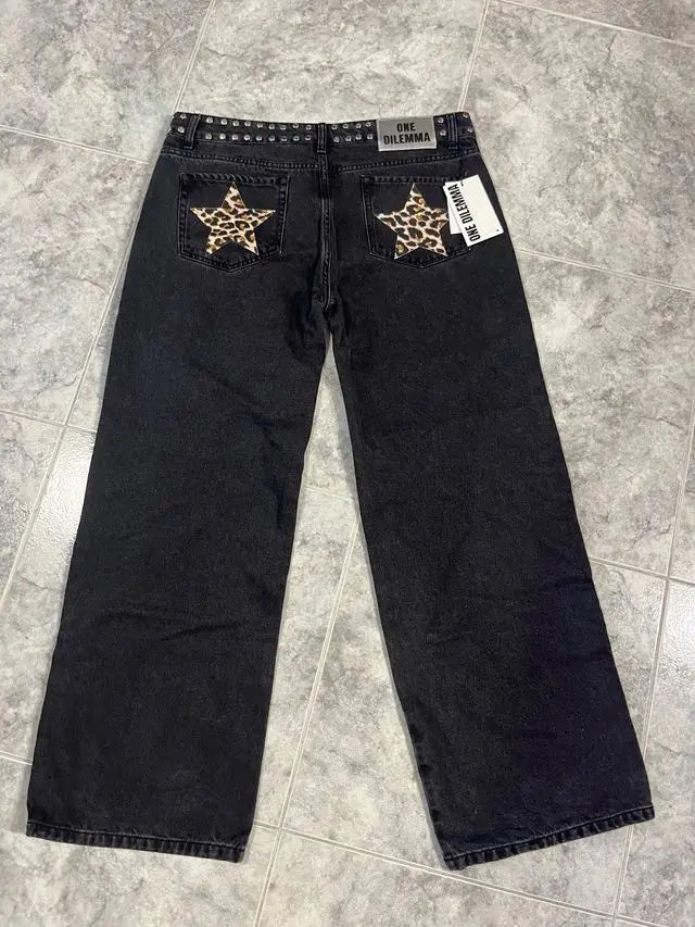 Y2k One Dilemma Denim Pants Leopard Print Star Wide Leg Jeans Streetwear High Waist Baggy Jeans Harajuku Gothic Women's Clothing