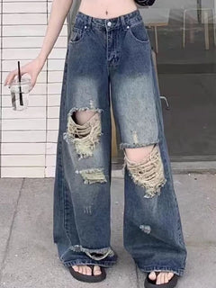 Pantaloni di jeans casual Jeans da donna Pantaloni dritti vintage Autunno Primavera Moda femminile Pantaloni a gamba larga blu Jeans con foro