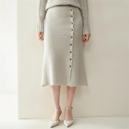 Women 100% Cashmere Skirts Office Lady Autumn Winter Knitted High Waist A-Skirt Graceful Long Warm front-open skirt with buttons PlatiNum