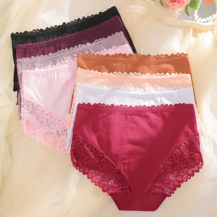 4PCS/SET Women's Sexy Lace Panty Hollow Out High Waist Women's Briefs Breathable Comfortable Underwear Plus Size Women Lingerie