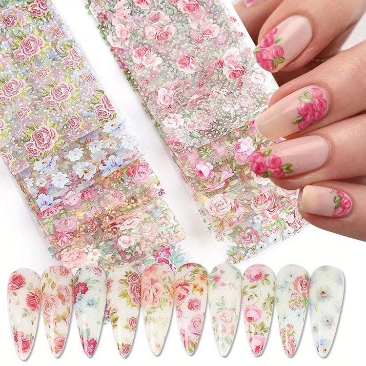 10PCS Mixed Nail Art Foils Transfer Sticker Set Rose Flower Designs Floral Starry Sky Nail Wraps Wedding Summer Manicure Decor