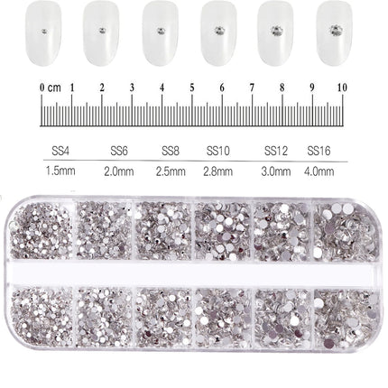 12 Grids Mixed Size Nail Rhinestones SS6 to SS30 Shiny Clear Gold Pink Blue Flat Back Glass Gems for DIY Nail Art Manicure Decoration Supply