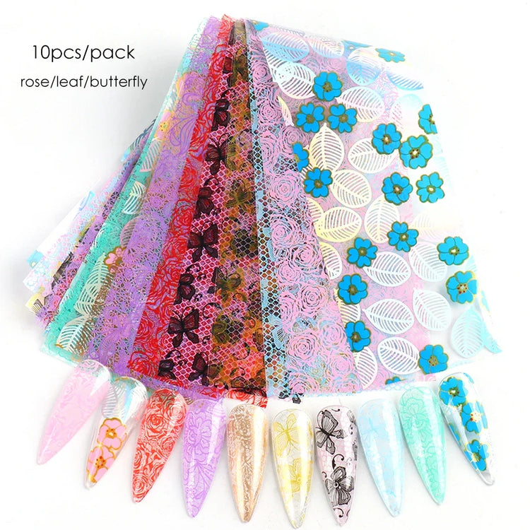 10PCS Mixed Nail Art Foils Transfer Sticker Set Rose Flower Designs Floral Starry Sky Nail Wraps Wedding Summer Manicure Decor