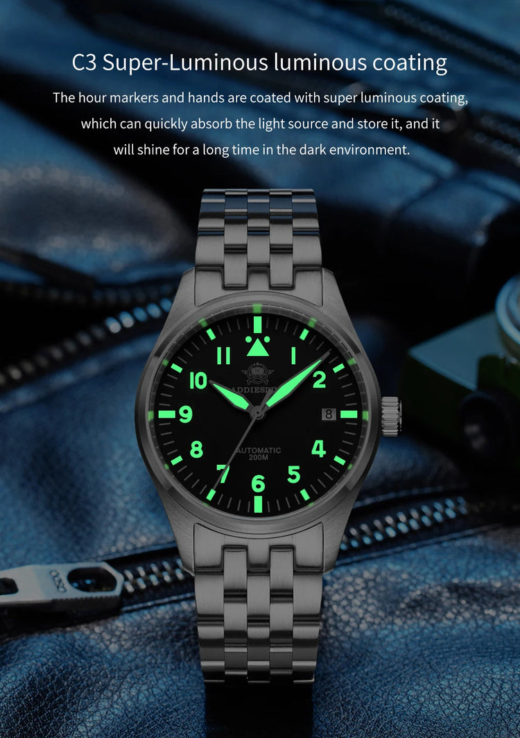 ADDIESDIVE Classic Men's watch Sapphire Automatic 8215 Stainless Steel Pilot watch Leather Luminous 200m Diving Dress Watch New