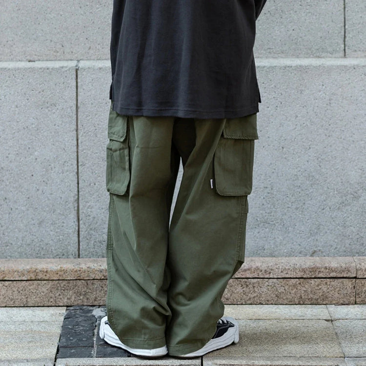 Multi-Pocket Cargo Pants Mens Safari Style Solid Color Pleated Loose Straight-leg Pants Elastic Waist Casual Trousers Men