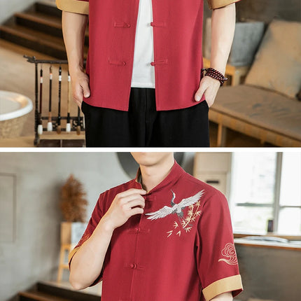 Camicie da uomo con gru ricamate Kungfu Tai Chi Casual manica corta nuovo stile cinese colletto alla coreana Cardigan in lino Tang Suit uomo Top