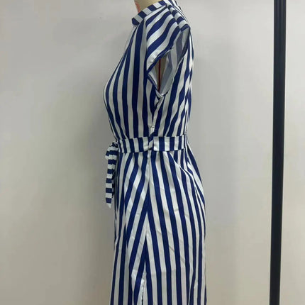 Summer New Striped Print Dress for Women 2024 Fashion V-Neck Sleeveless Lace-Up Short Skirt Elegant Office Lady Slim Dresses