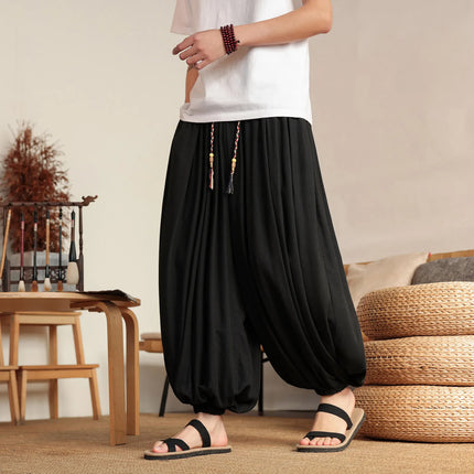 Pantaloni Larghi in Lino da Uomo, Tinta Unita, Casual e Comodi, Stile Harun, Moda Harajuku, Taglie Fino alla 8XL