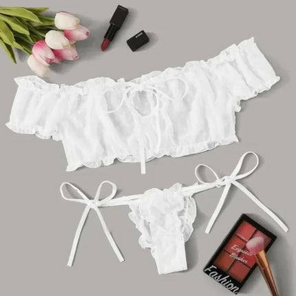 Mesh Dot Printed Off Shoulder Transparent Ruffle Bralette Bra and Panty Thong Underwear Sets Women's Sexy Lingerie Intimates
