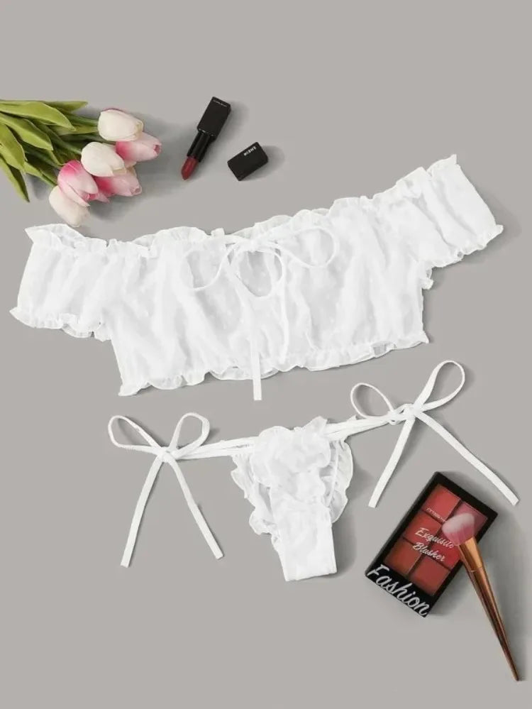 Mesh Dot Printed Off Shoulder Transparent Ruffle Bralette Bra and Panty Thong Underwear Sets Women's Sexy Lingerie Intimates