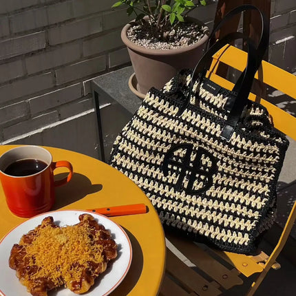 Large Capacity AB Letter Woven Straw Tote Bag, Beach Vacation Women's Striped RIO City Simple Style Casual Travel Bag