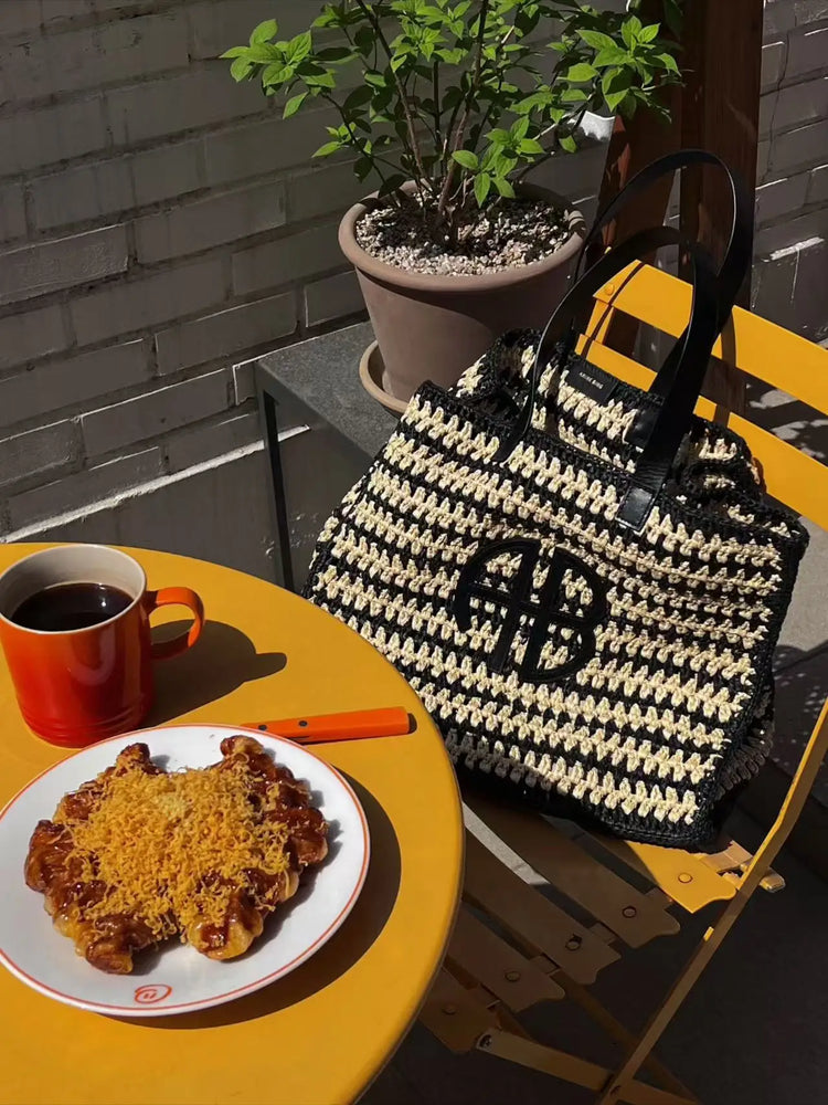 Borsa tote in paglia intrecciata con lettera AB di grande capacità, per vacanze al mare, da donna, a righe, RIO City, stile semplice, borsa da viaggio casual
