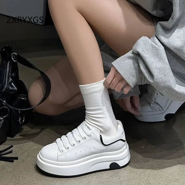 ZXRYXGS 2025 Spring Genuine Leather  Breathable Comfortable Shoes Woman New Thick Sole Wedges Increase Casual Sneakers White