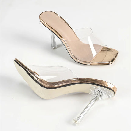 Hlieny Sexy Women's Clear Crystal Slippers PVC Silver 2026 Square Toe Thin High Heel Summer Sandals Women's Shoes