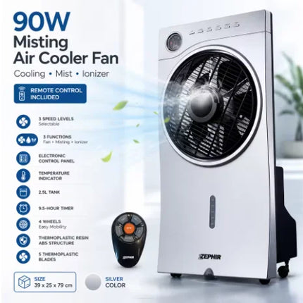 Ventilatore Evaporativo ZEPHIR 90W con Nebulizzatore, Serbatoio da 2,5L, 3 Velocità, Telecomando, Raffrescatore d'Aria