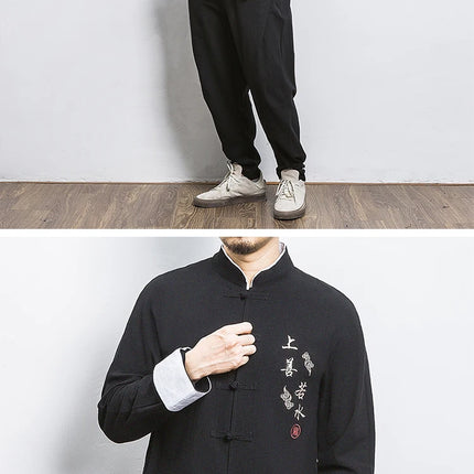 Camicie a maniche lunghe da uomo Ricamo tradizionale in cotone e lino Casual Tang Suit Cardigan da uomo Camicette Kung Fu retrò stile cinese da uomo
